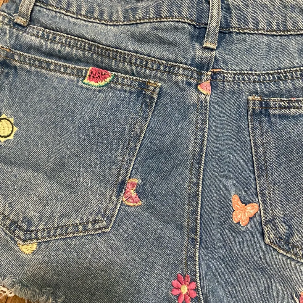 Forever 21 Womens Juniors Blue Denim Shorts Size 26 26” Embroidery Fruit Palm - Image 5