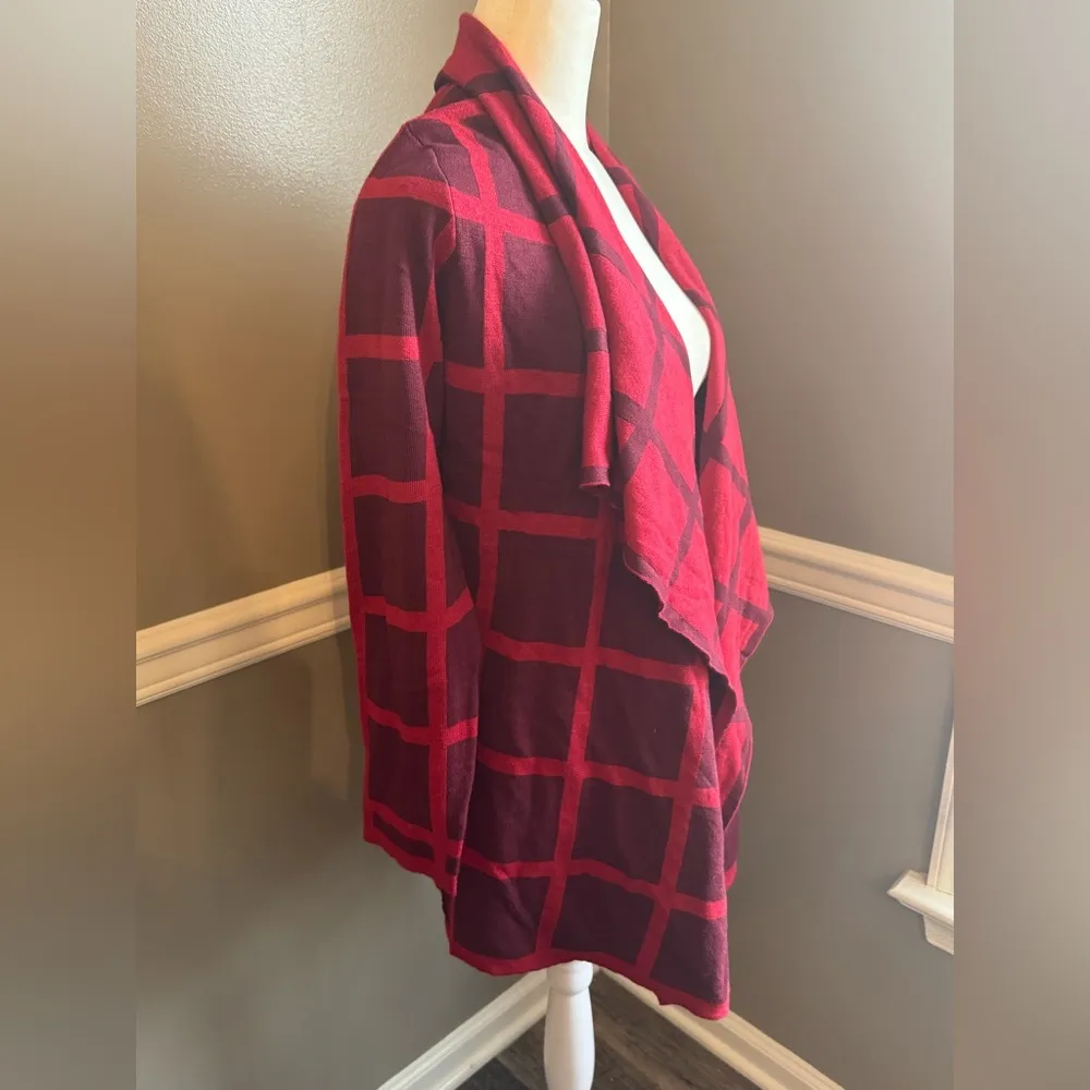Isaac Mizrahi Live! Essentials Open Front Knit Cardigan Red Windowpane Medium - Image 2