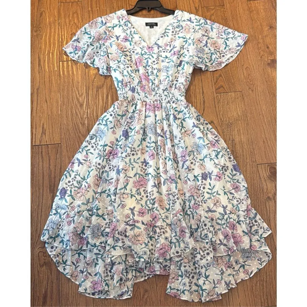 Tahari pink floral ruffled sleeve smocked midi dress 6 - Image 10