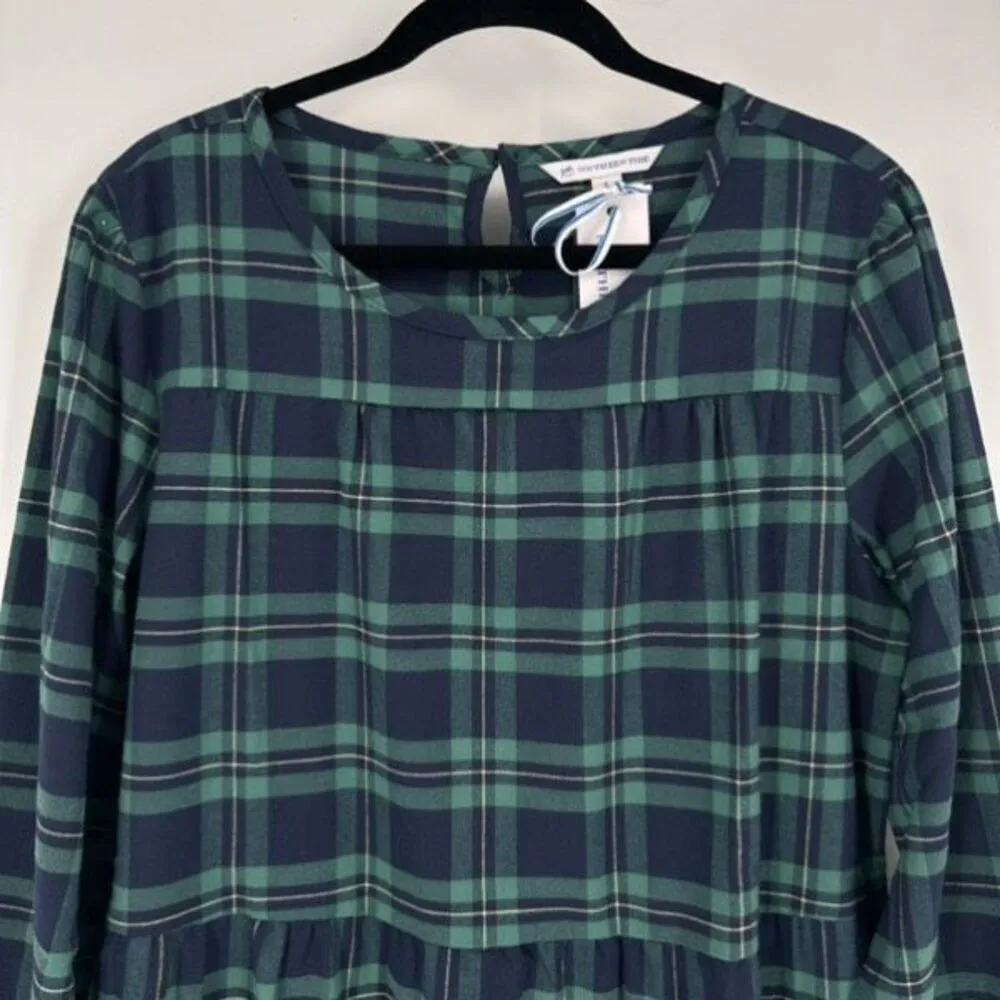 NWT Southern Tide Flannel‎ Plaid Ruffle Knew Length Dress Large Blue & Green - Image 3