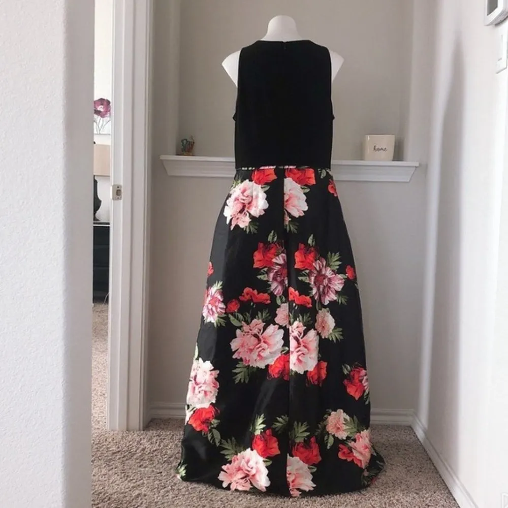 SLNY Dress Fit & Flare Floral Skirt Ball Gown Black Red Maxi Plus Size 14 - Image 4