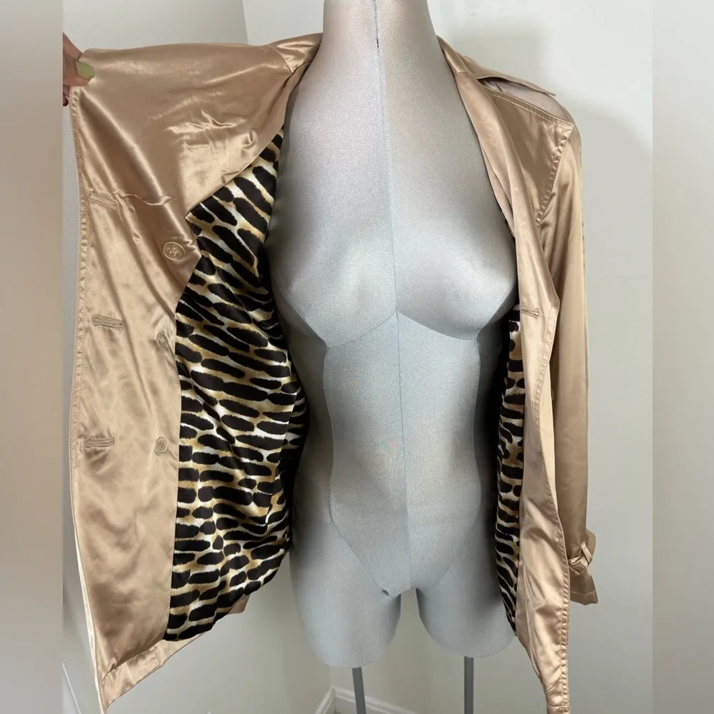 MICHAEL KORS Petite Satin Animal Lining Trench Coat Size PS Small Tan - Image 3