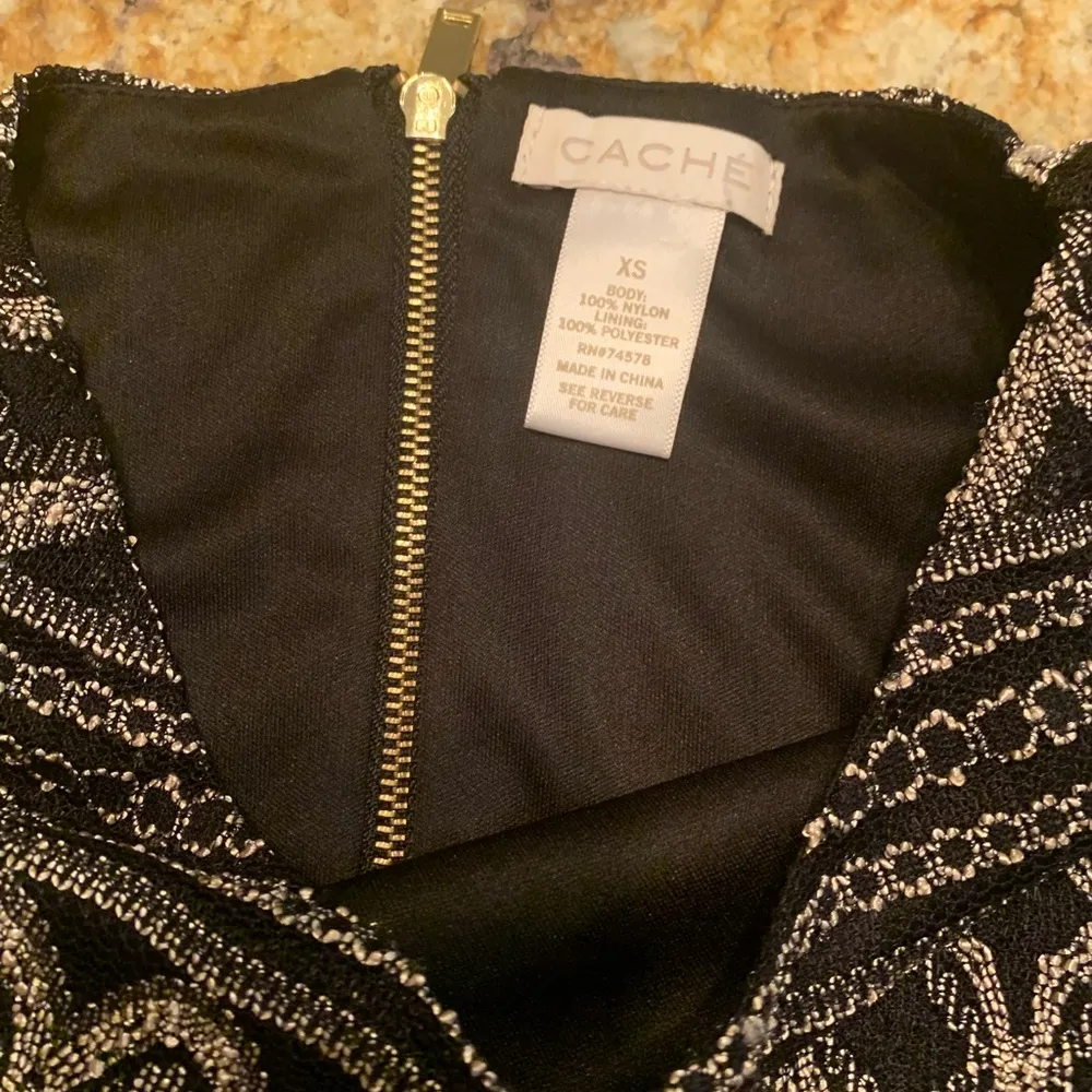 Cache Dress Black Gold Cocktail Bodycon 3/4 sleeve XS Back Zip Fitted - Image 6