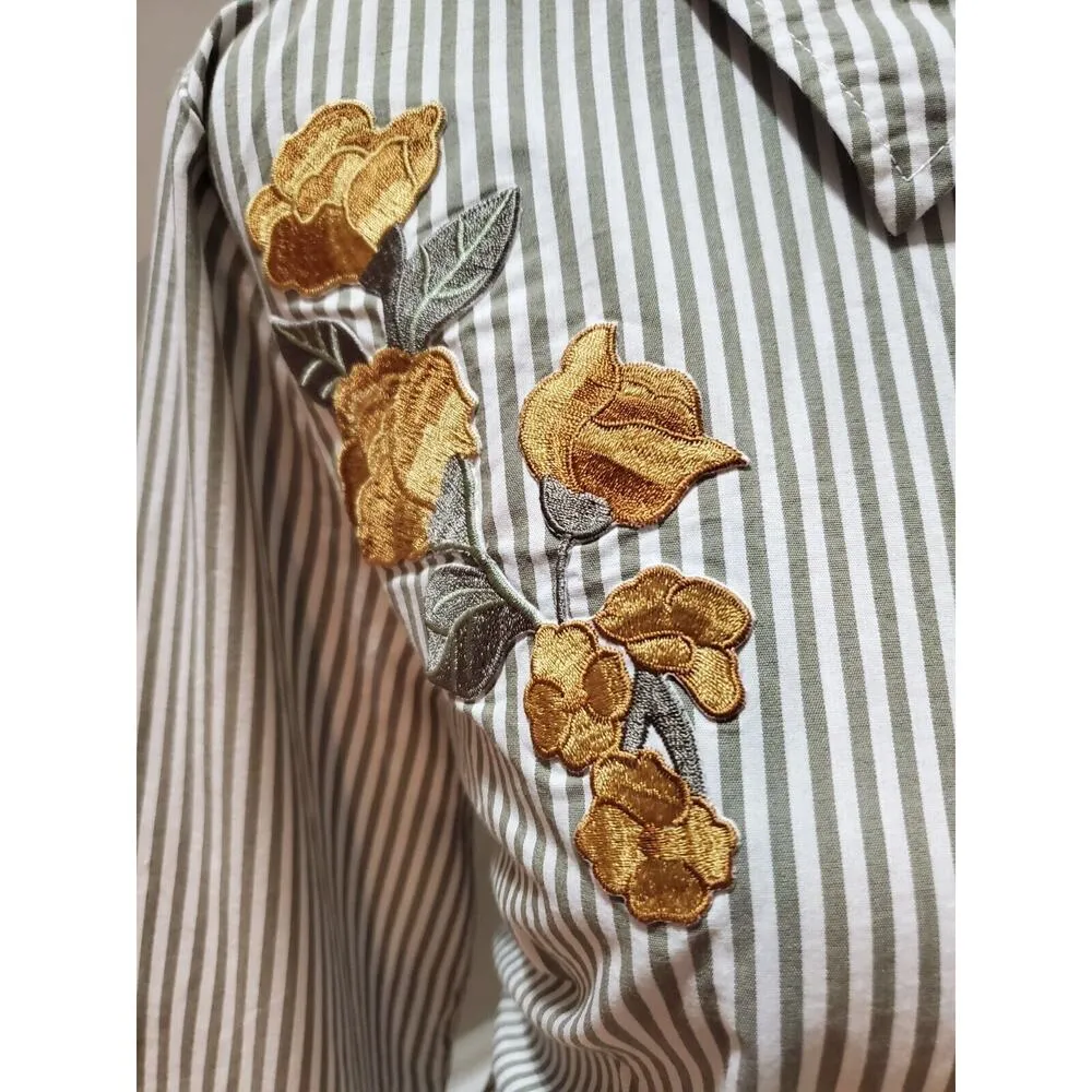 Denim & Co. White Green Striped Embroidered Flower Long Sleeve Shirt Size M - Image 3