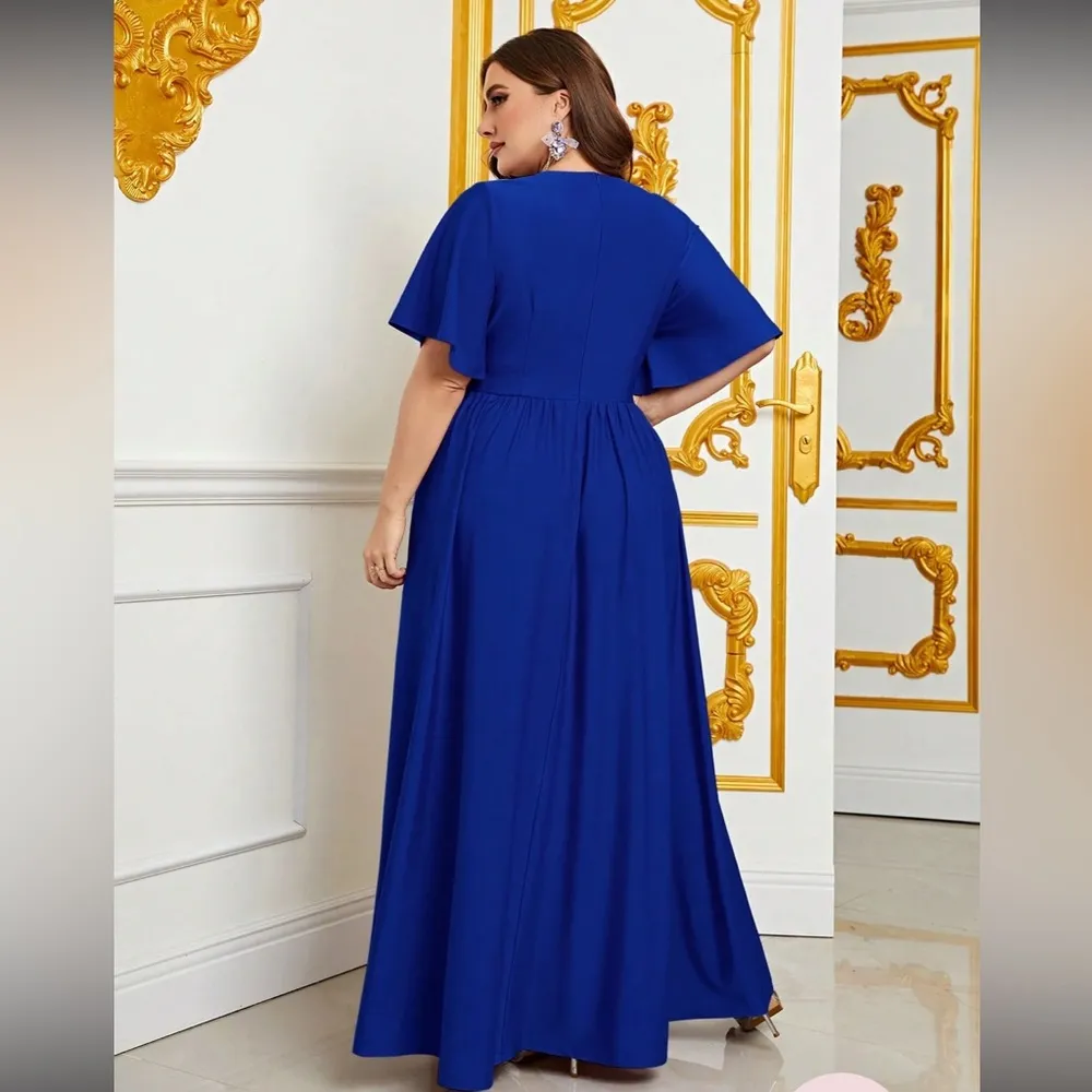 Royal Blue Satin Maxi Gown with Plunge Neckline and Dolman Sleeves Size XL - Image 6