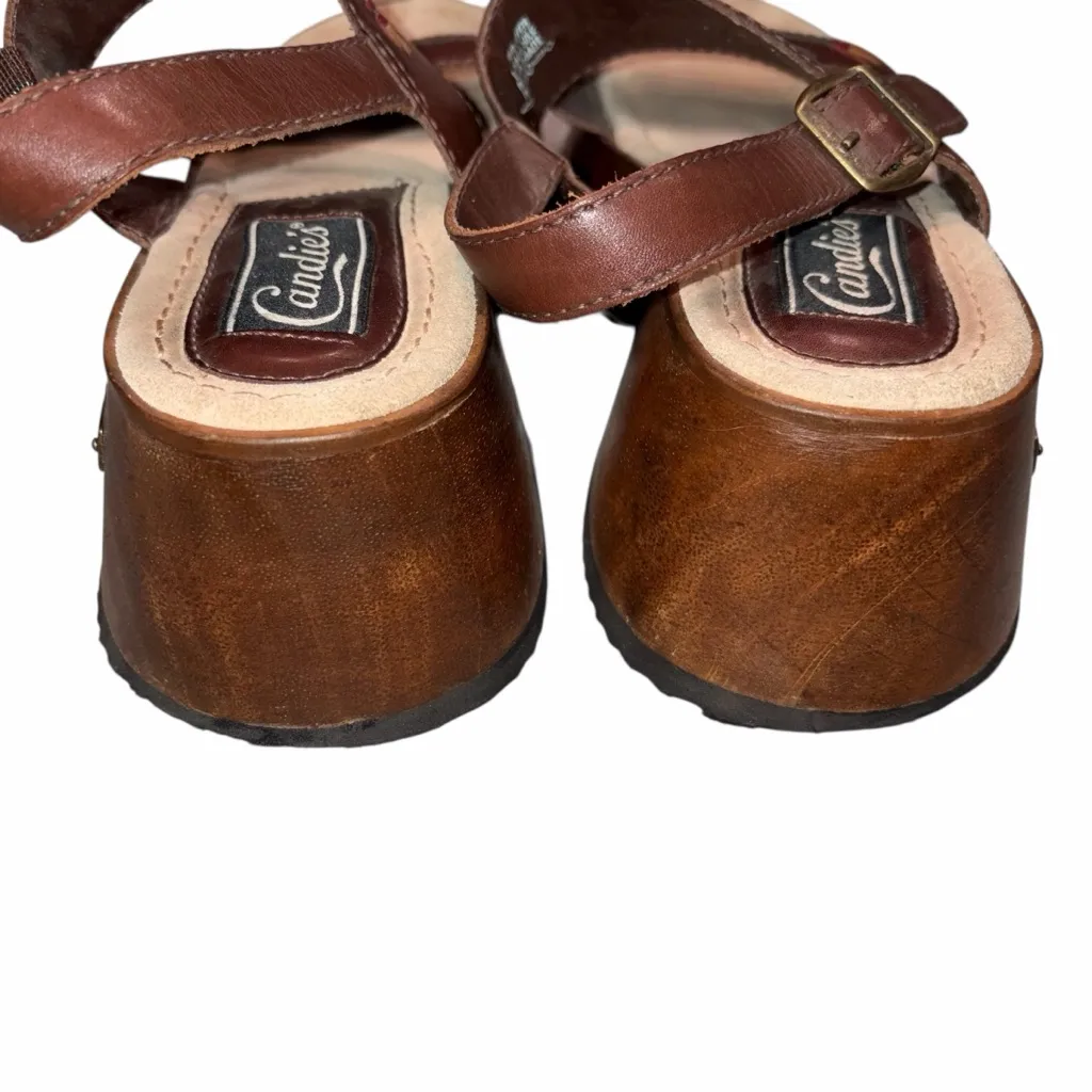 Vintage Candie’s Brown Leather Wooden Platform Sandals Shoes size 8 90’s Y2K - Image 8