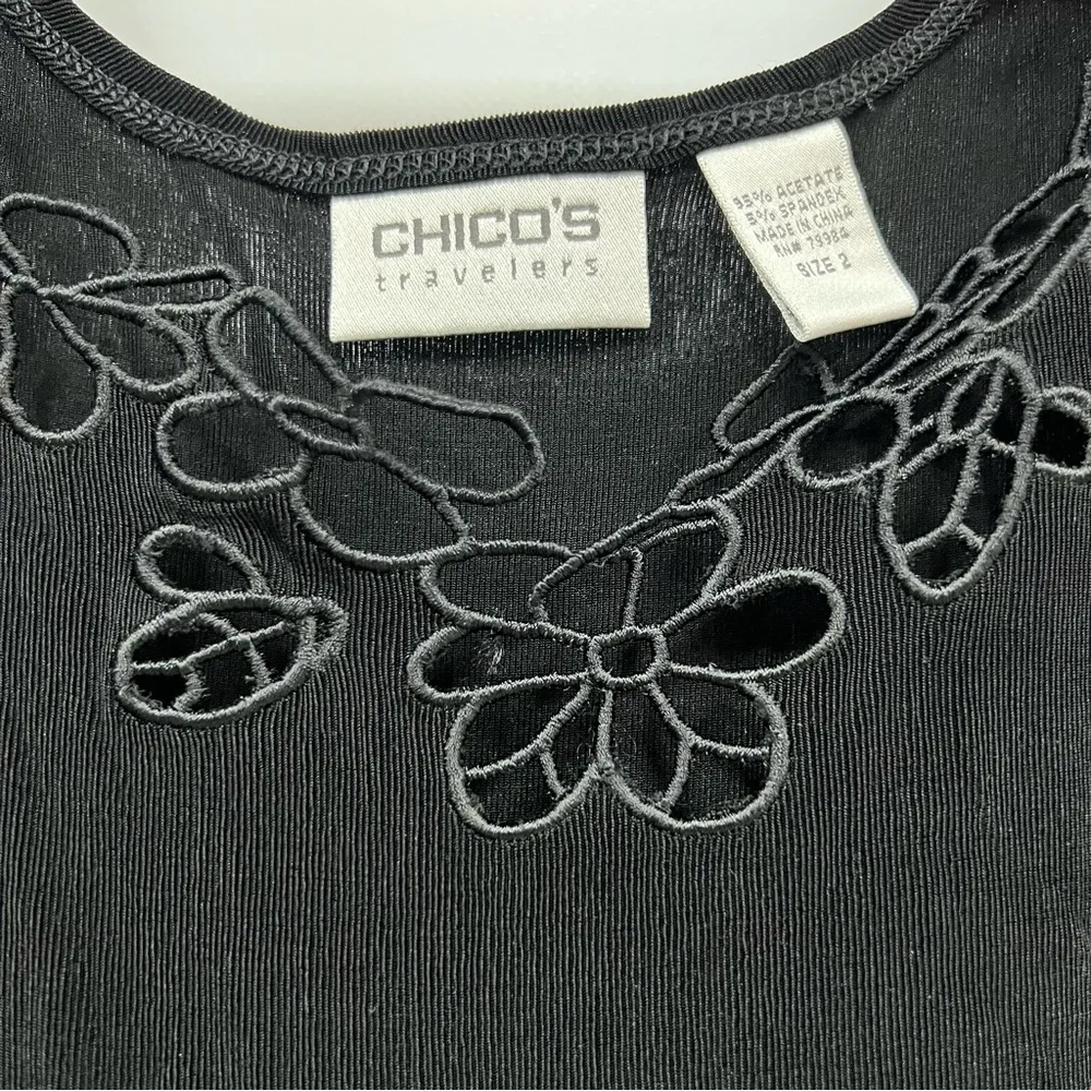 Chico's Travelers Slinky Stretchy Black Sleeveless Tank Top 2 cutout floral neck - Image 3