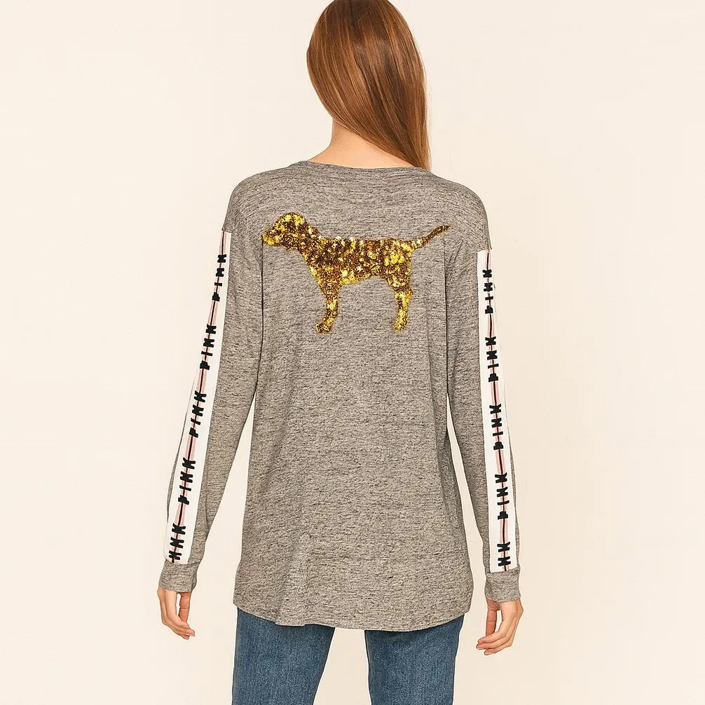 Victoria’s Secret PINK Grey Gold Sequin Dog Logo Long Sleeve Tee Shirt Size M - Image 4