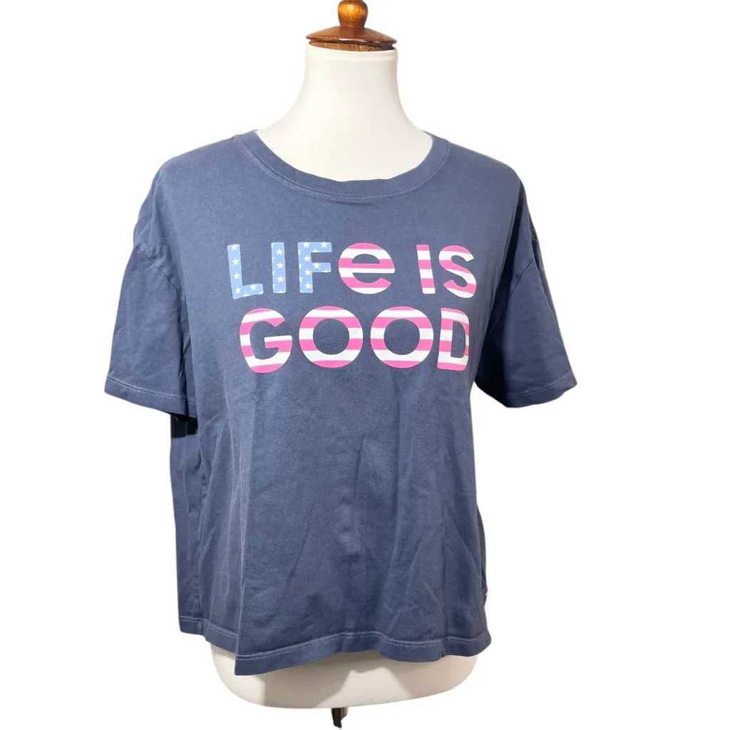 Life Is Good Blue Women's Cropped Crusher T-Shirt Size Large - Image 2