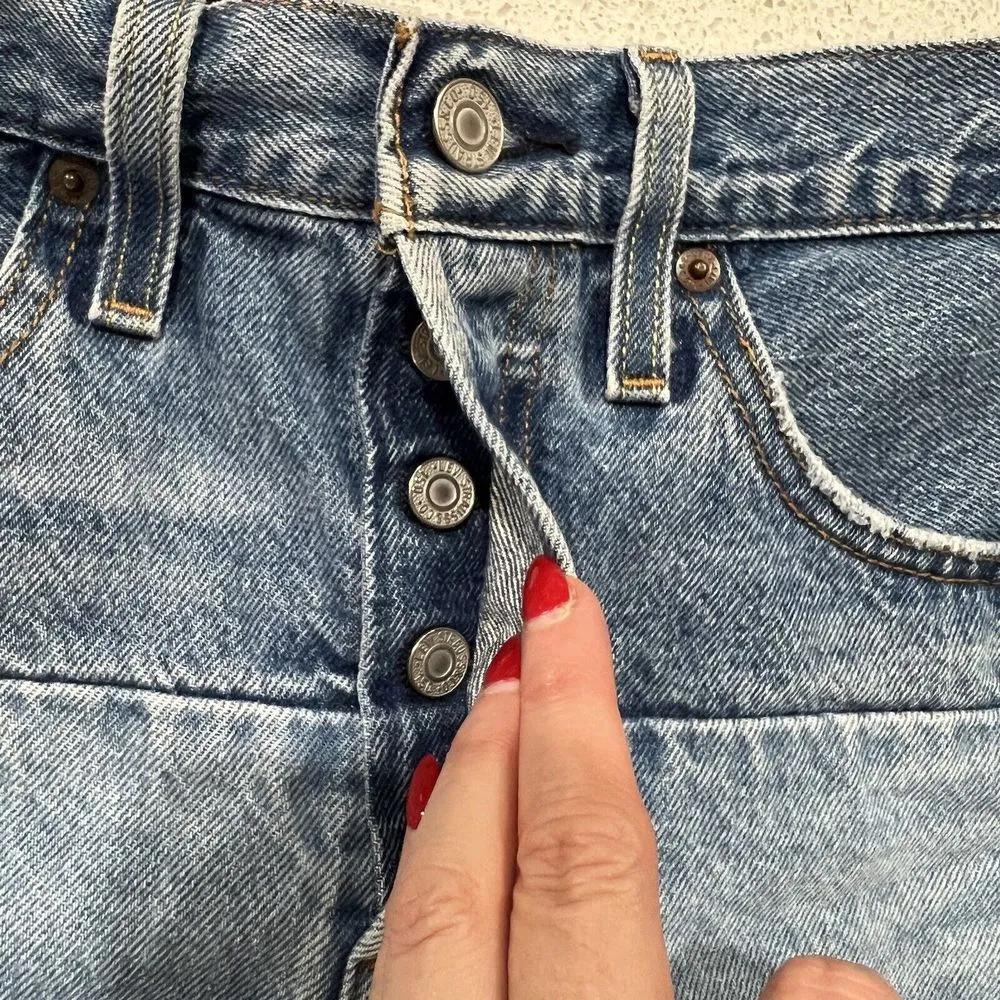 Levis Size 27 501 150 Pieced Shorts Original High Rise Denim Distressed Blue - Image 7