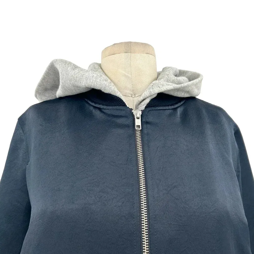 ALC A.L.C. Edison Bomber Jacket Zip Up Hoodie Layered Satin Blue Gray Size Large‎ - Image 3