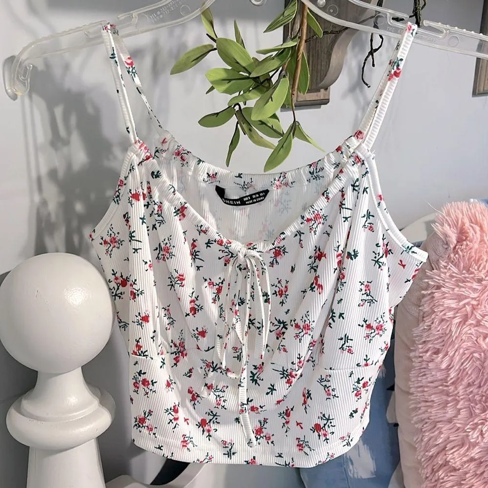 White Floral Flirty Crop Top Spaghetti Strap - Image 6