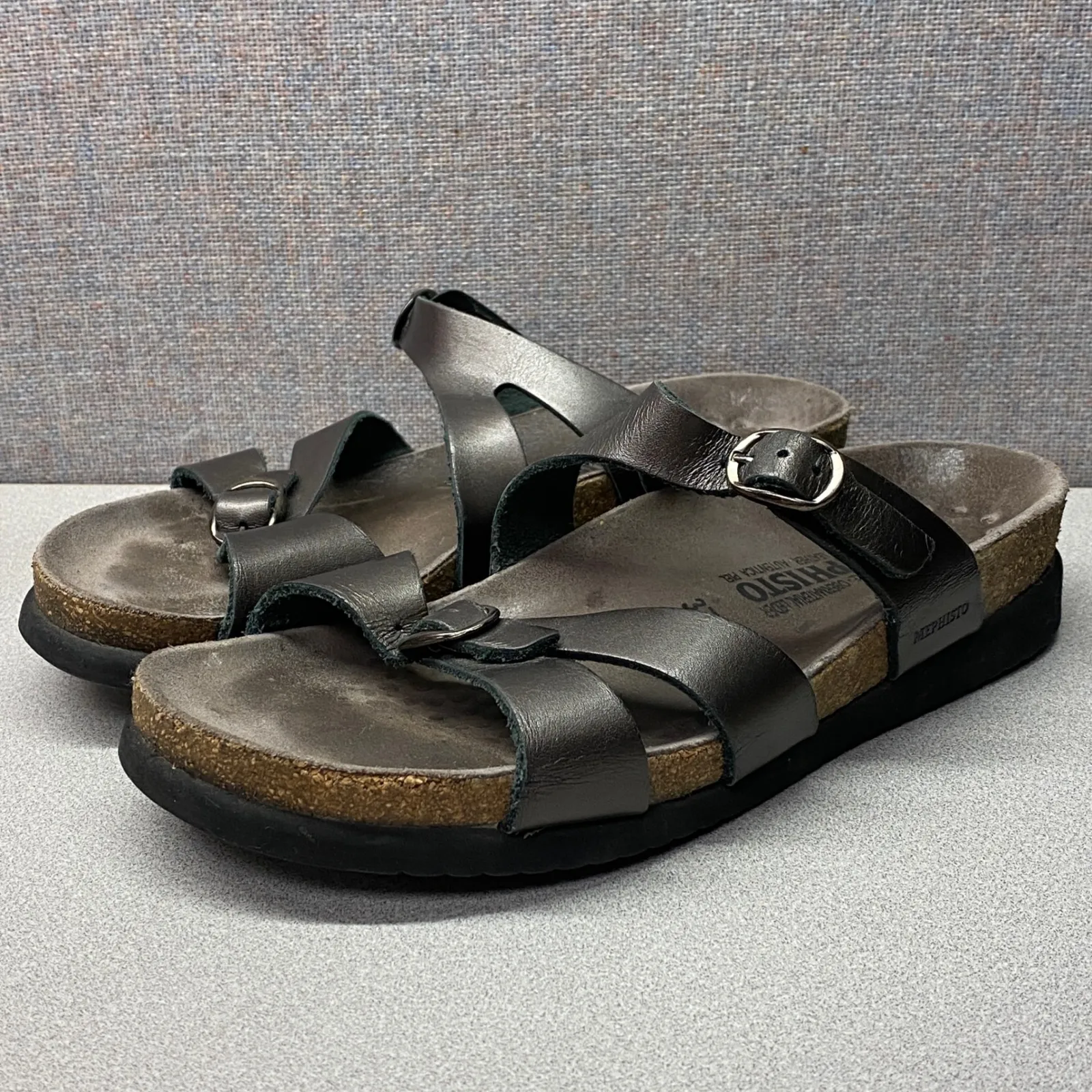 MEPHISTO Women's Size 37 7 Metallic Bronze Leather Sandals Cork Footbed Comfort Silver - Image 6