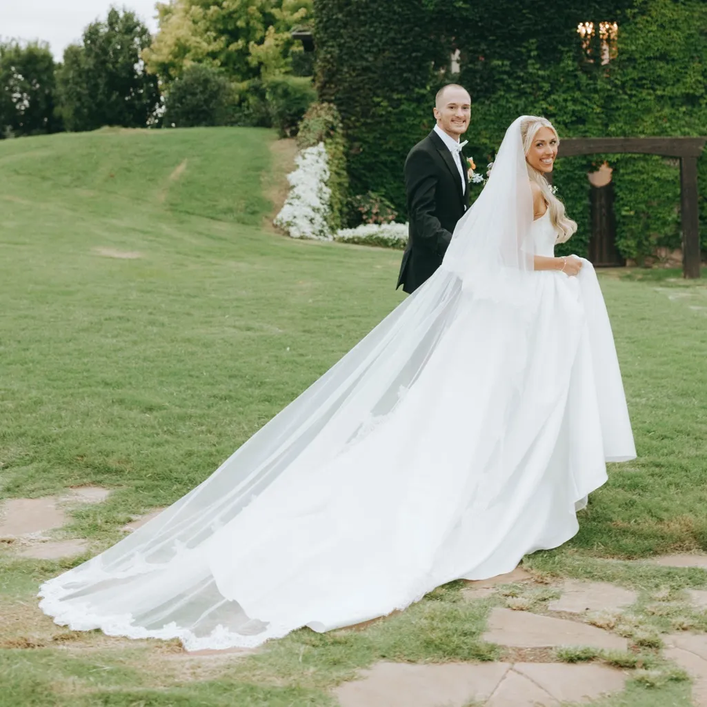Bright White Cathedral Lace Veil with Blusher - Image 11