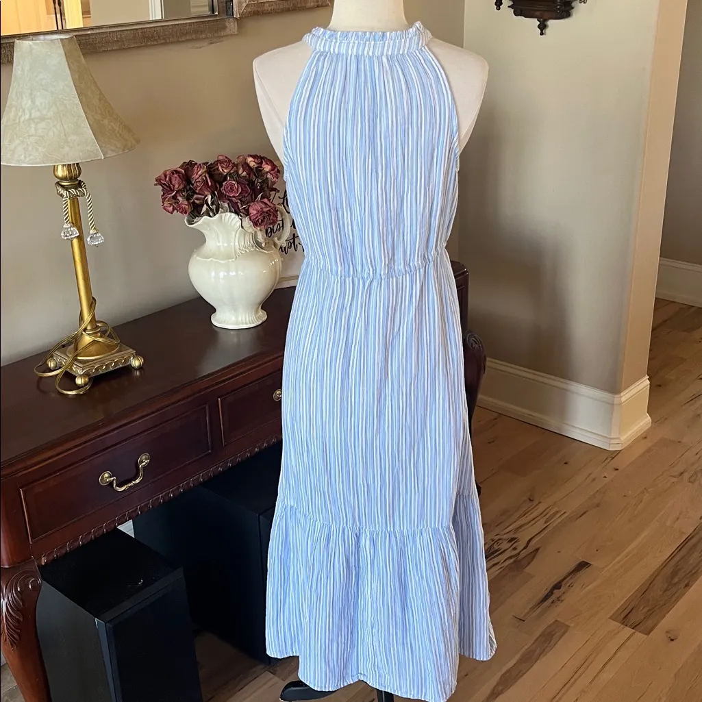 Midi Summer Dress Comfy Cinched Drawstring Waist with Pockets Blue Striped New Size XS - Image 13