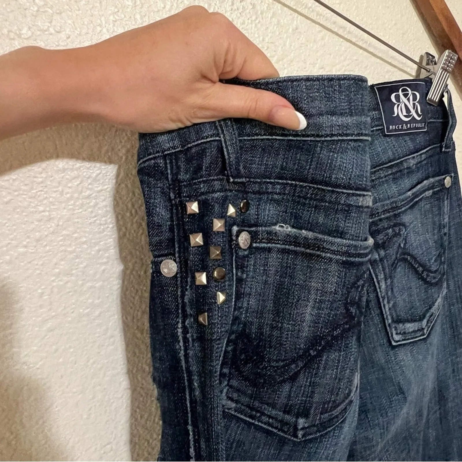 Rock & Republic Roth dark blue studded distressed bootcut western jeans 29 - Image 4