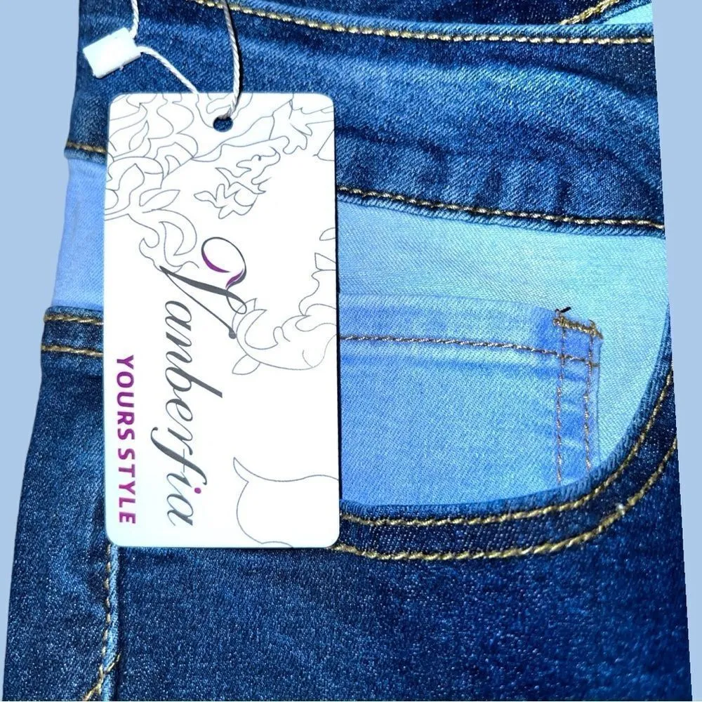 Vanberfia nwt stretchy patchwork style flared hem jeans! Blue Size undefined - Image 10