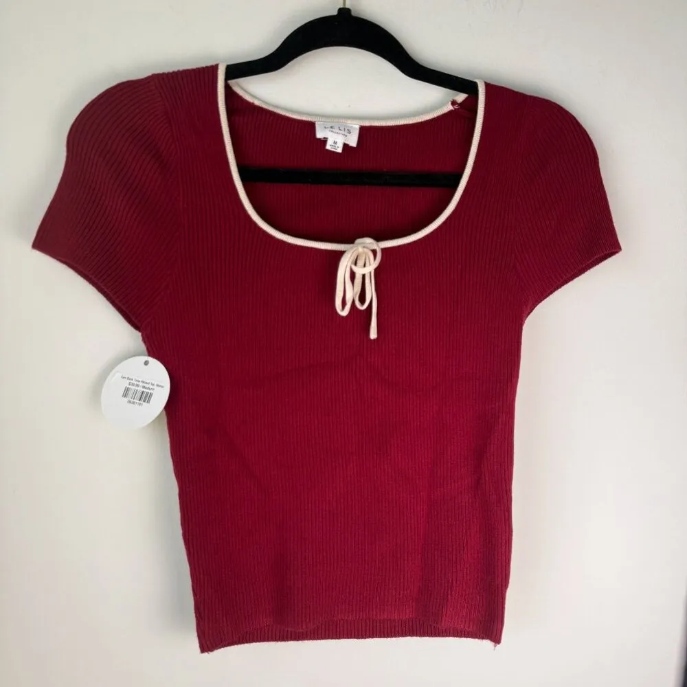 Le Lis Collection NWT Ribbed Top with Tie Detail Maroon Cream Size M Gameday Col - Image 10