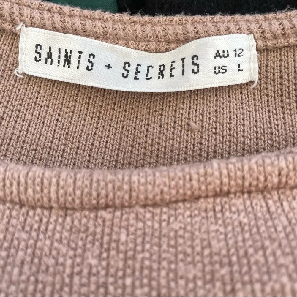 Saints + Secrets Beige Knit Front Knot Dress Balloon Sleeves L - Image 7