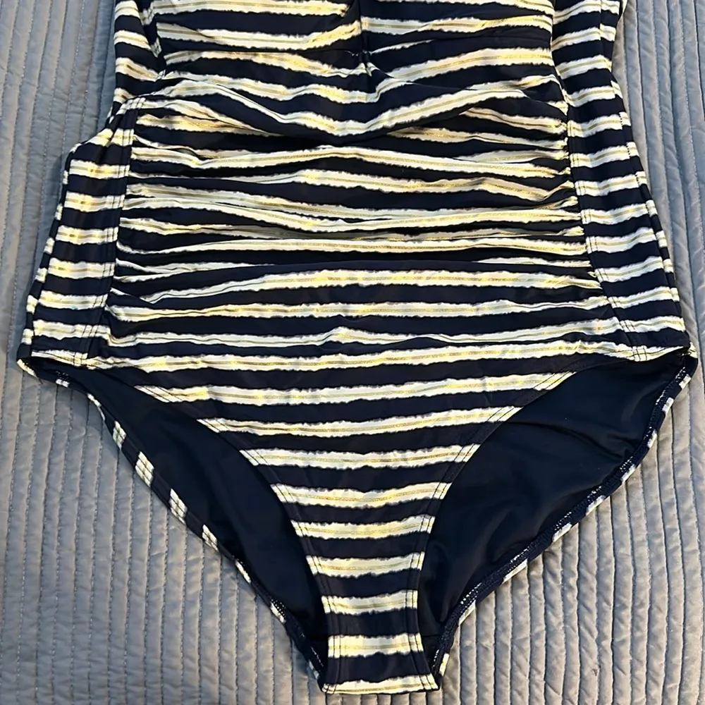 NIPTUCK SWIM Halter Swimsuit Navy Cream Gold Stripes Padded Size 12 EUC #1615 Blue - Image 3