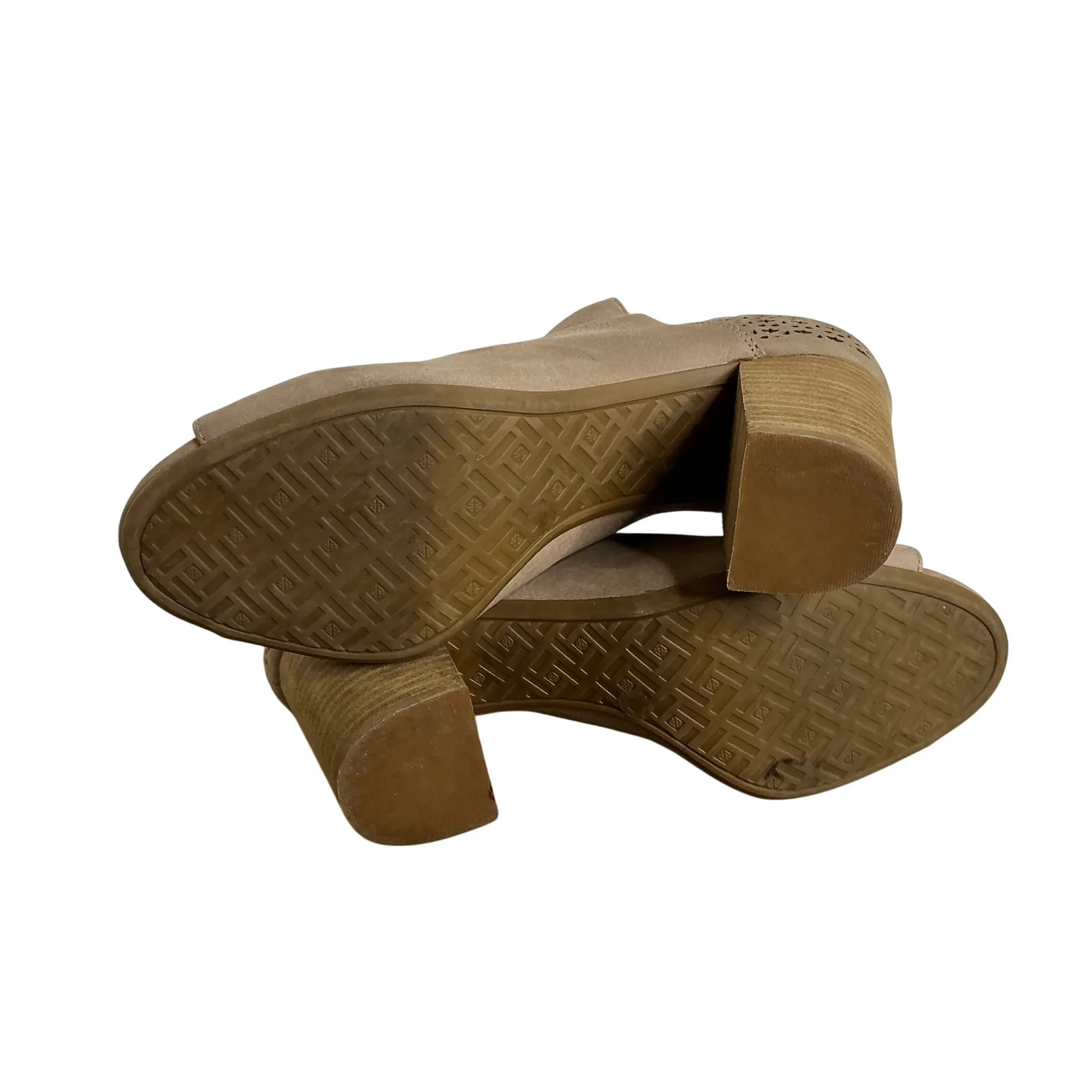 Antonio Melani Peep‎ Toe Booties 8.5M Taupe Nubuck Leather Block Heel Cutout - Image 8