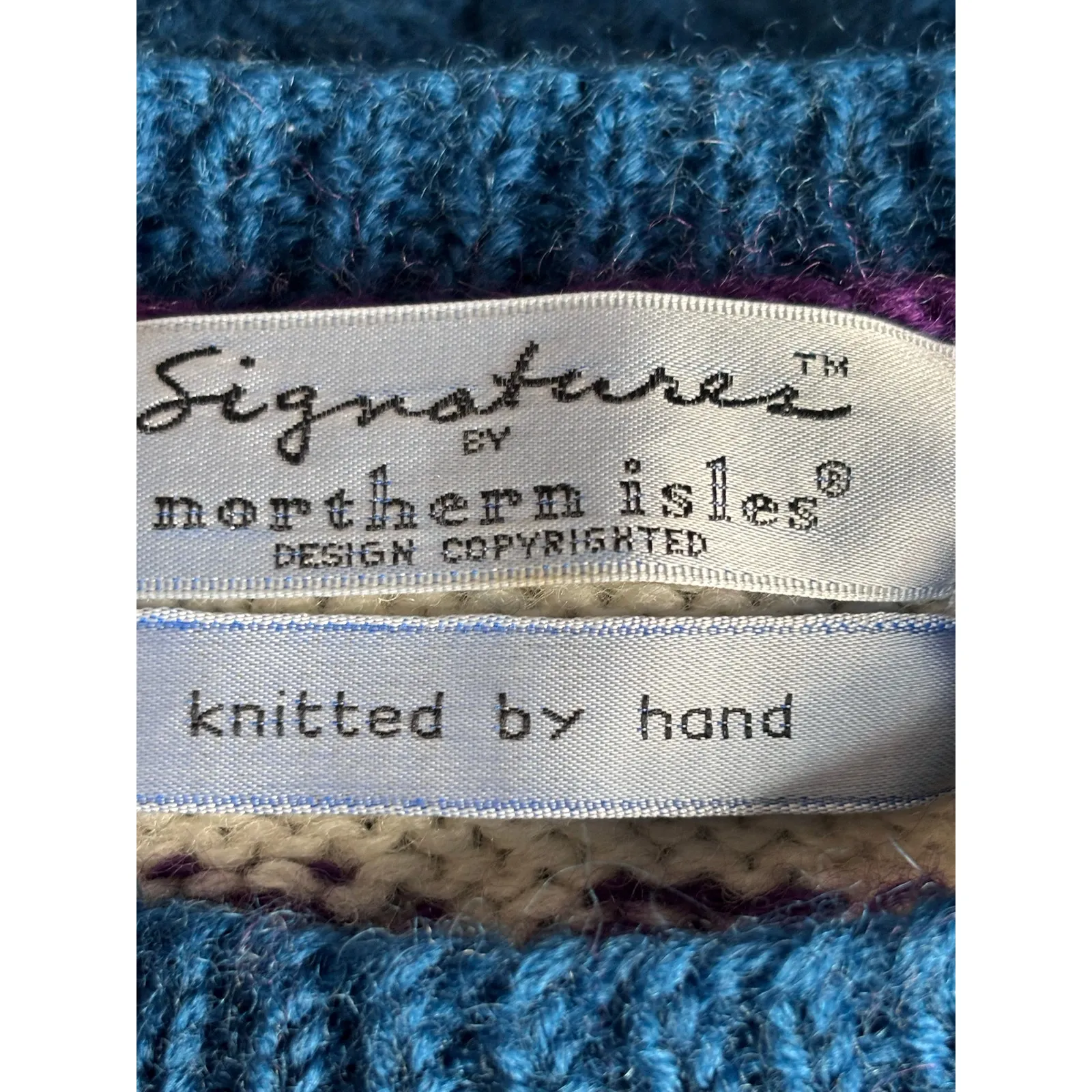 Vintage Northern Isles Hand Knit Chunky Wool Autumn Leaf Yoke Sweater Blue Fall Black Size L - Image 8