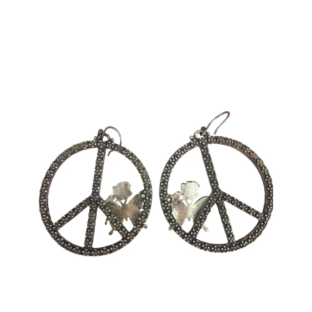 Silver Tone Turquoise Enamel Dangle Earring Peace Sign Butterfly Hook 2" Flower Blue - Image 4