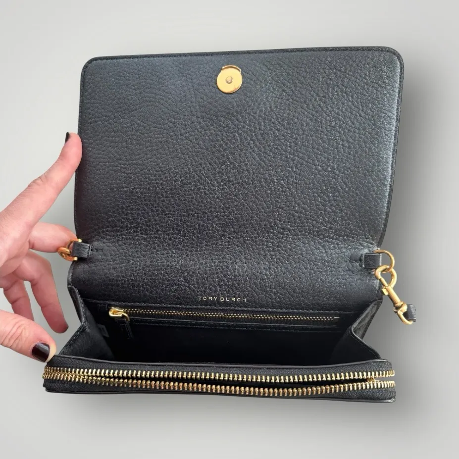 Tory Burch McGraw Flat Leather Wallet Crossbody Black Leather Purse - Image 3