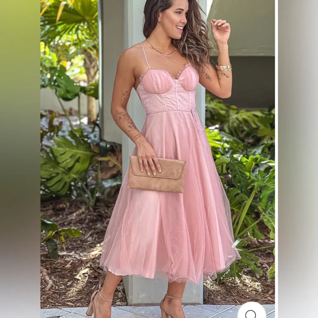 BLUSH TULLE MIDI DRESS WITH LACE Medium NWT Pink - Image 2