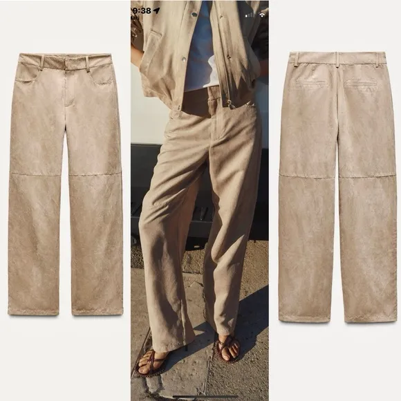 Zara NWT cream beige faux suede straight leg pants - Image 2