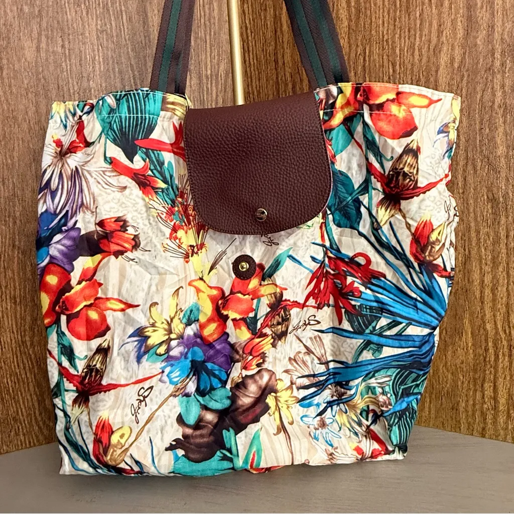 Sharif Foldable Nylon Floral‎ Tote Bag Packable Travel Carryall Beach Errand Bag Red - Image 4