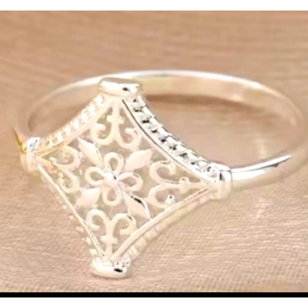NEW 14k White Gold-Plated 316L Cut Out Filigree Hollow Flower Ring,‎ Size 7 - Image 11
