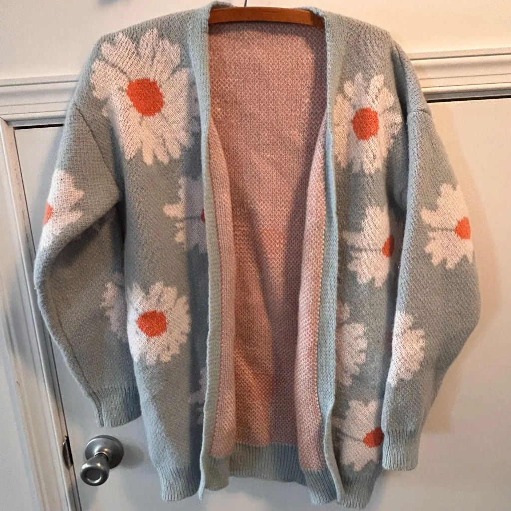 Women’s Floral Open Front Vneck Drop Shoulder Cardigan Sweater Light Blue Med - Image 2