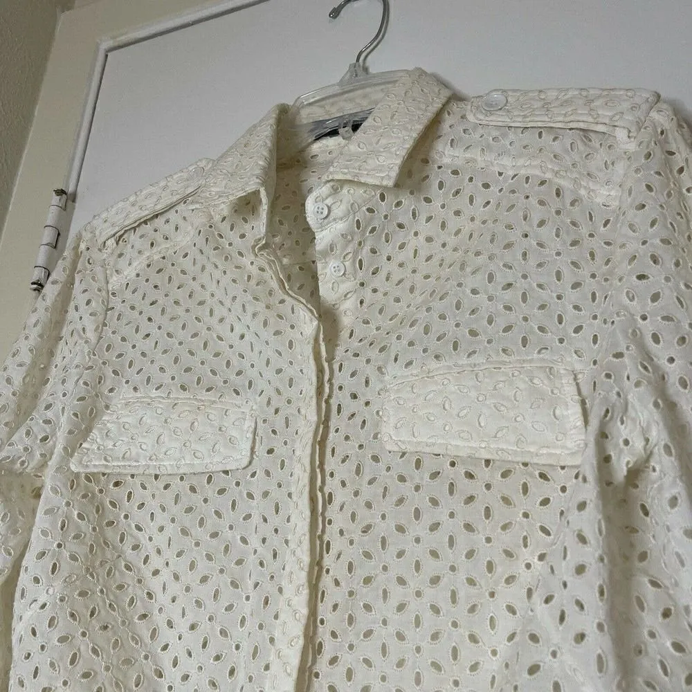 Alexander McQueen ivory eyelet cotton button down long sleeve blouse top US 10 - Image 2