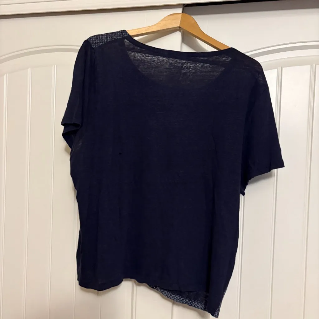 Talbots Woman Blue Floral Print Blouse 3X Short Sleeve 100% Linen Scoop Neck - Image 3