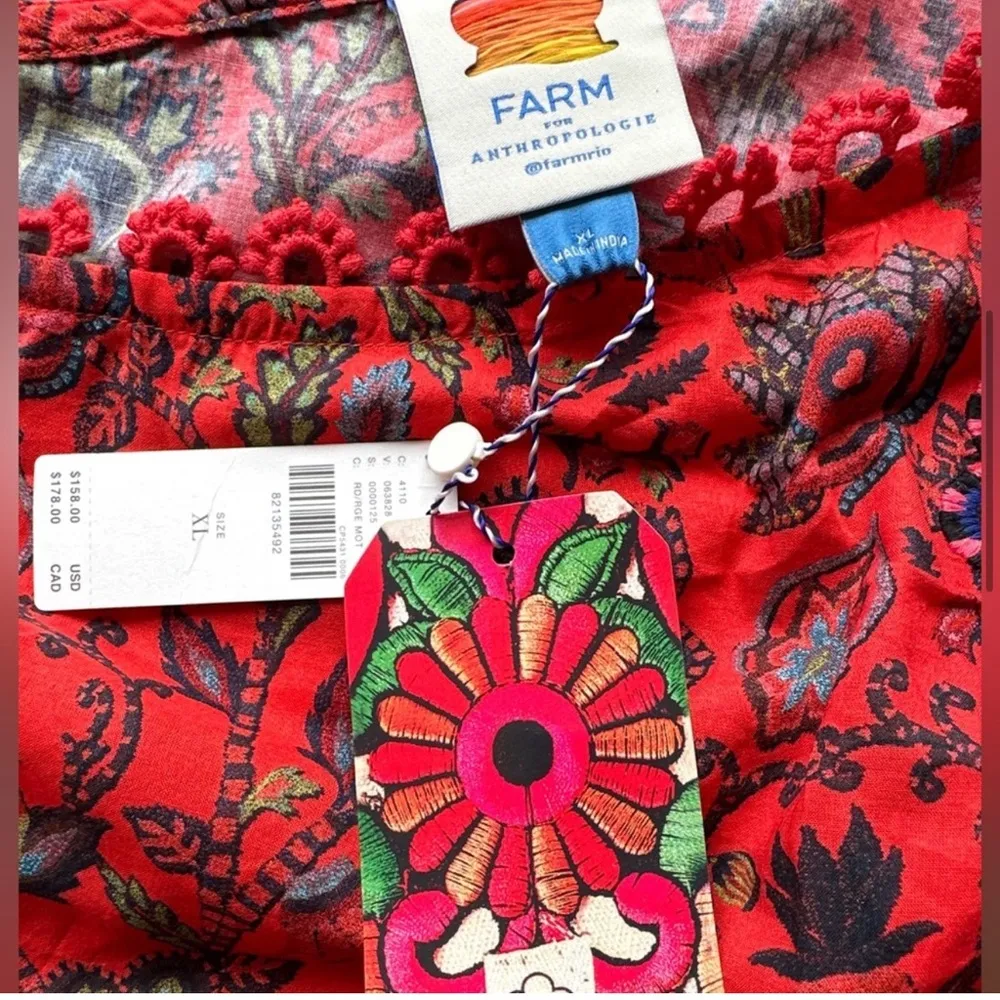 Farm Rio x Anthropologie One Shoulder Crop Top Puff Sleeve in Red Motif NWT $158 - Image 9