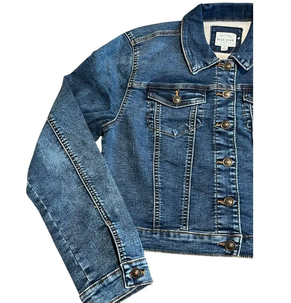 Wax Jean Jacket Womens Small Denim Trucker Blue Stretch Buttons Long Sleeve NEW - Image 2