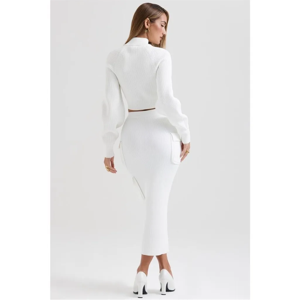 House of CB Reeva WHITE BALLOON SLEEVE RIBBED Cropped SWEATER‎ size XS - Image 8