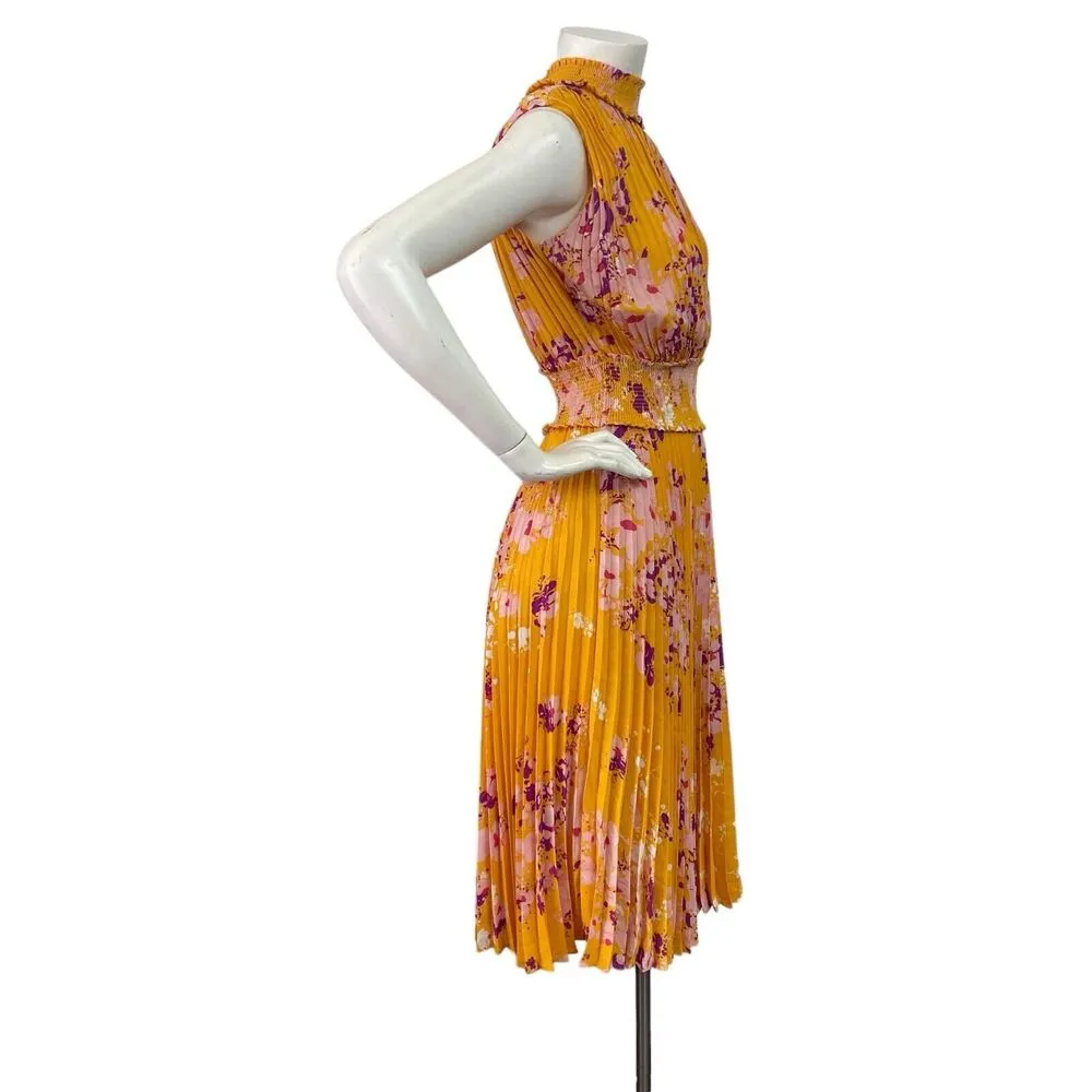 Nanette Lepore Sz 4 Floral Print Accordion Pleated Dress Mango Mojito Keyhole - Image 3