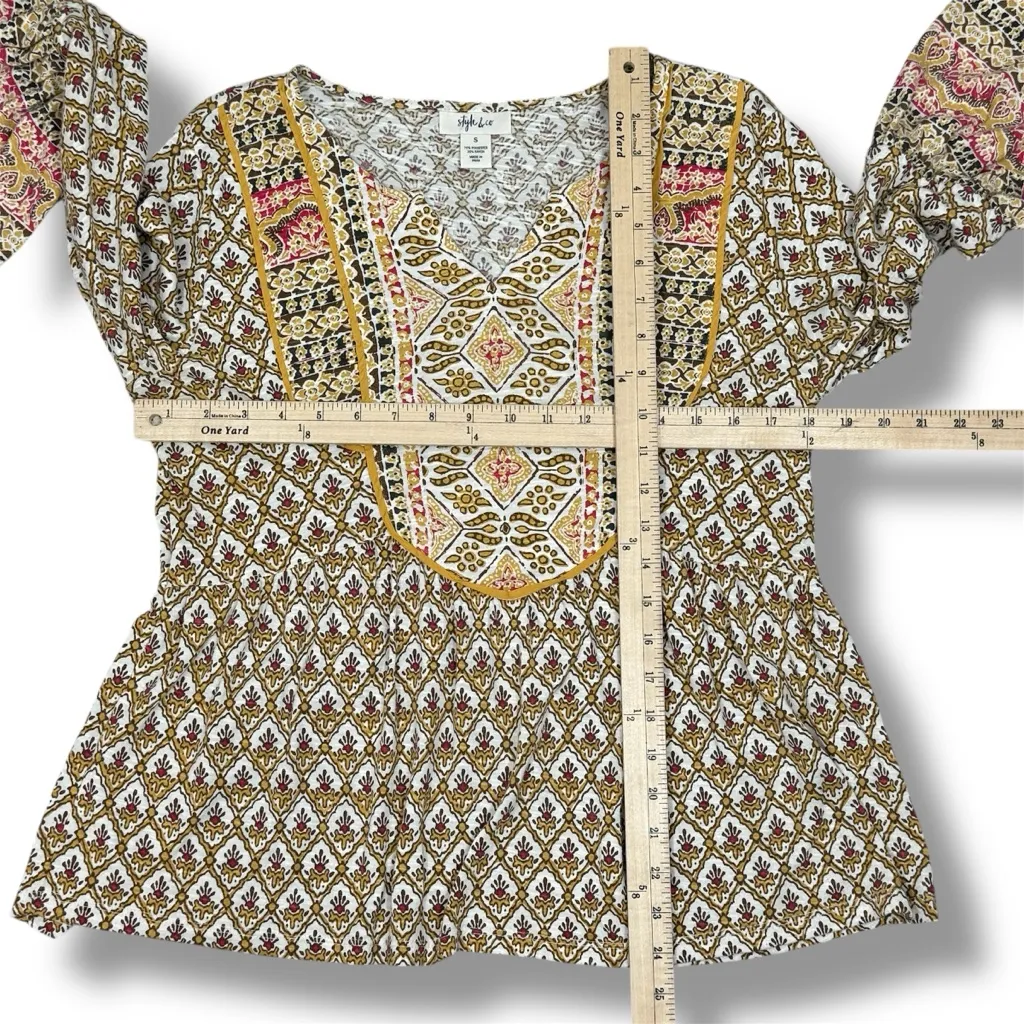 Style & Co  Printed Flared Hem Bell Sleeve V Neck Top Yellow Multi Small - Image 10