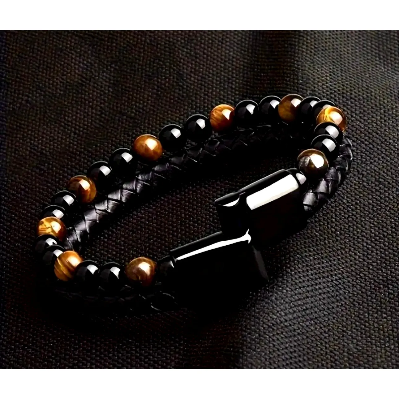 Unisex Double Layer Beaded Faux Braided Leather Yellow Tiger Eye Bracelet Black - Image 2