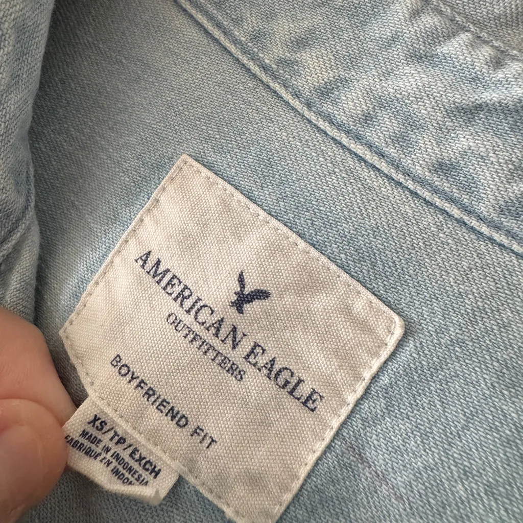 American Eagle Light Wash Denim Button Down Boyfriend Fit Long Sleeve Top - Image 4