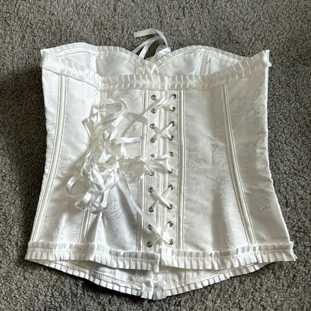 White on white brocade true corset lace up coquette western burlesque size XL - Image 2