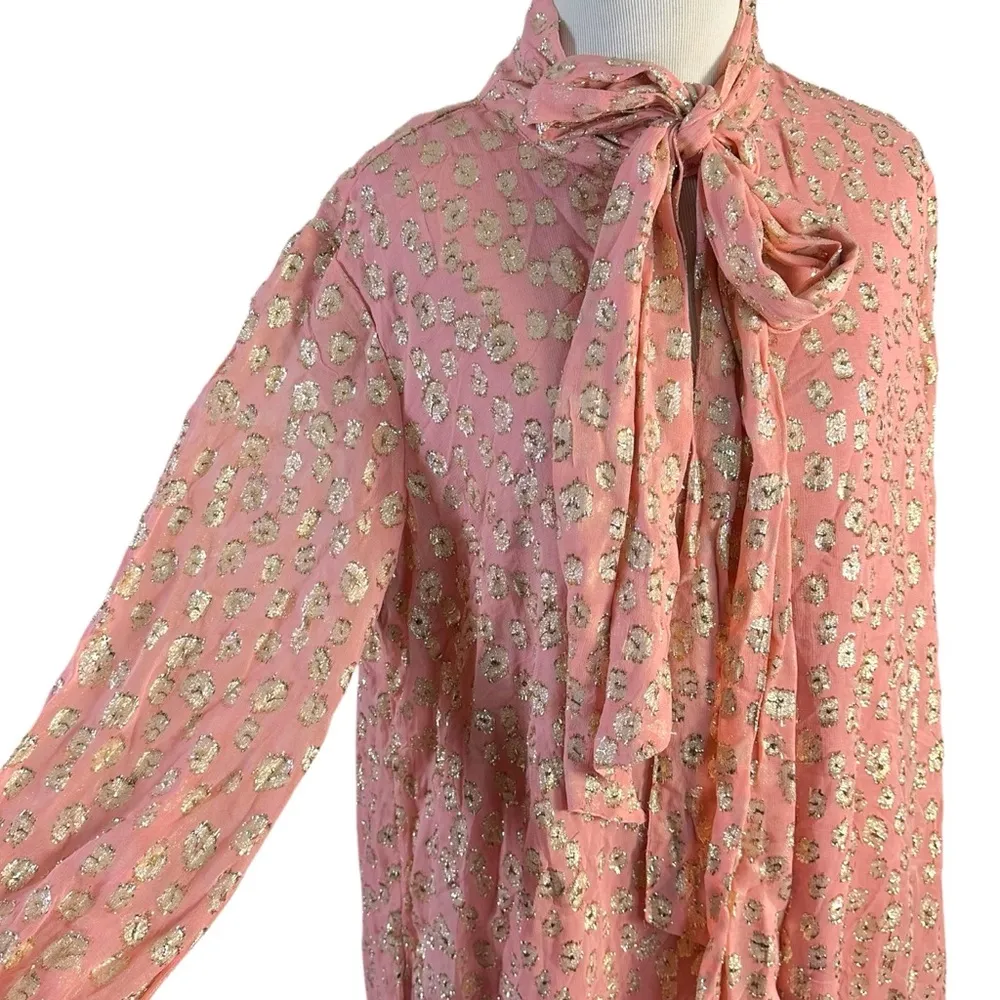 Anthropologie Maeve Long Sleeve Tie Neck Mini Dress Pink Rose Metallic Large NWT - Image 6