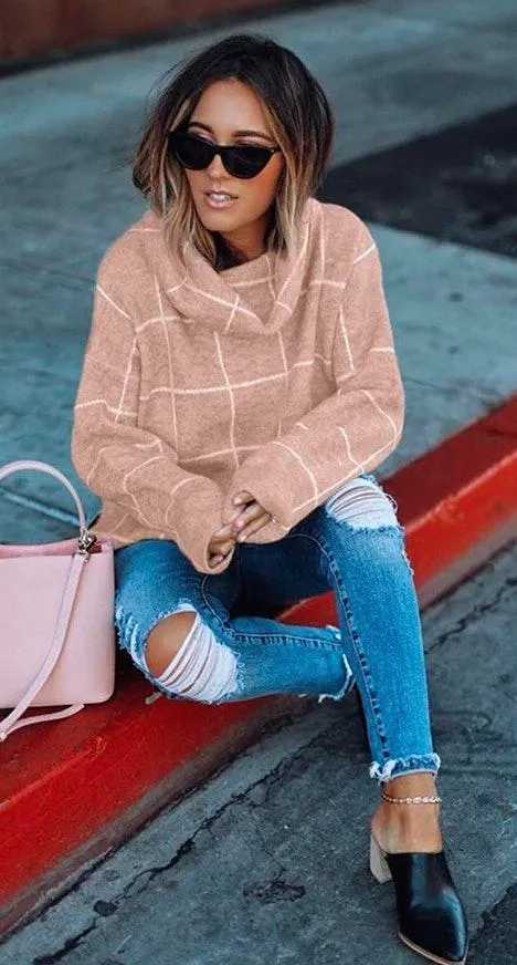 Amazon Plaid Sweater Turtleneck Mock Neck Tan - Image 5