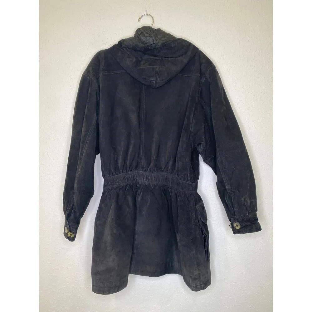 Express Black Vintage 90s Y2K Leather Suede Peplum Parka Jacket Sz XS Zipper - Image 6