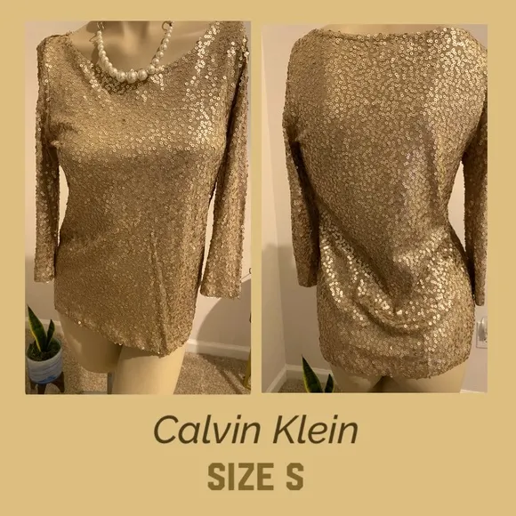 Calvin Klein Gold Tone Long Sleeve Sequin Knit Top Size S - Image 2