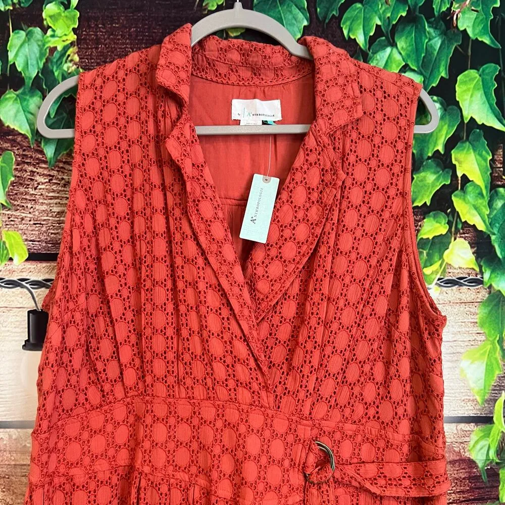 Anthropologie Elm Collared Dress 16W Midi Eyelet Burnt Orange Belted Sleeveless - Image 7