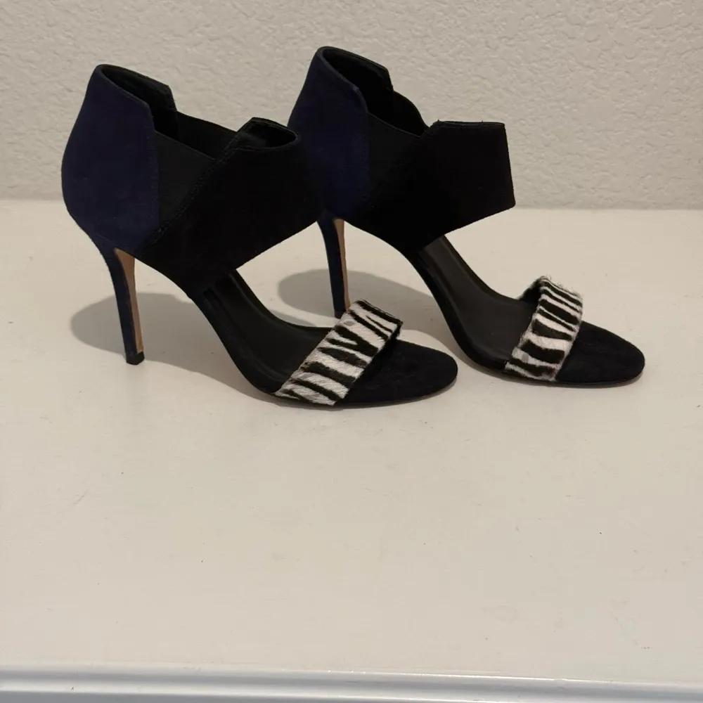 TRINA TURK Los Altos Suede High Heel Sandal Zebra Print Black White Navy Blue 8 - Image 2