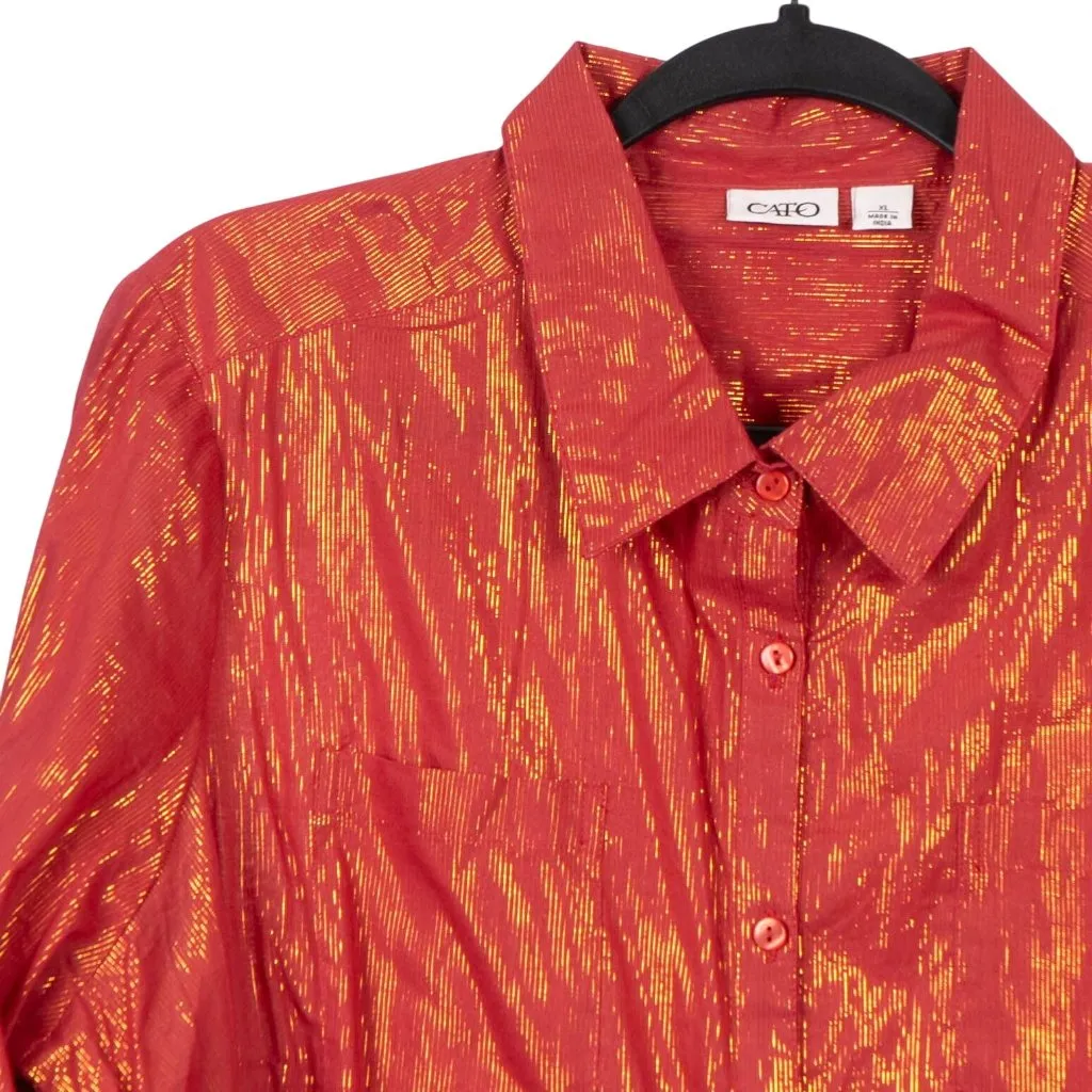 Cato Button Up Shirt XL Womens Red Gold Metallic Striped Long Sleeve Cotton - Image 2